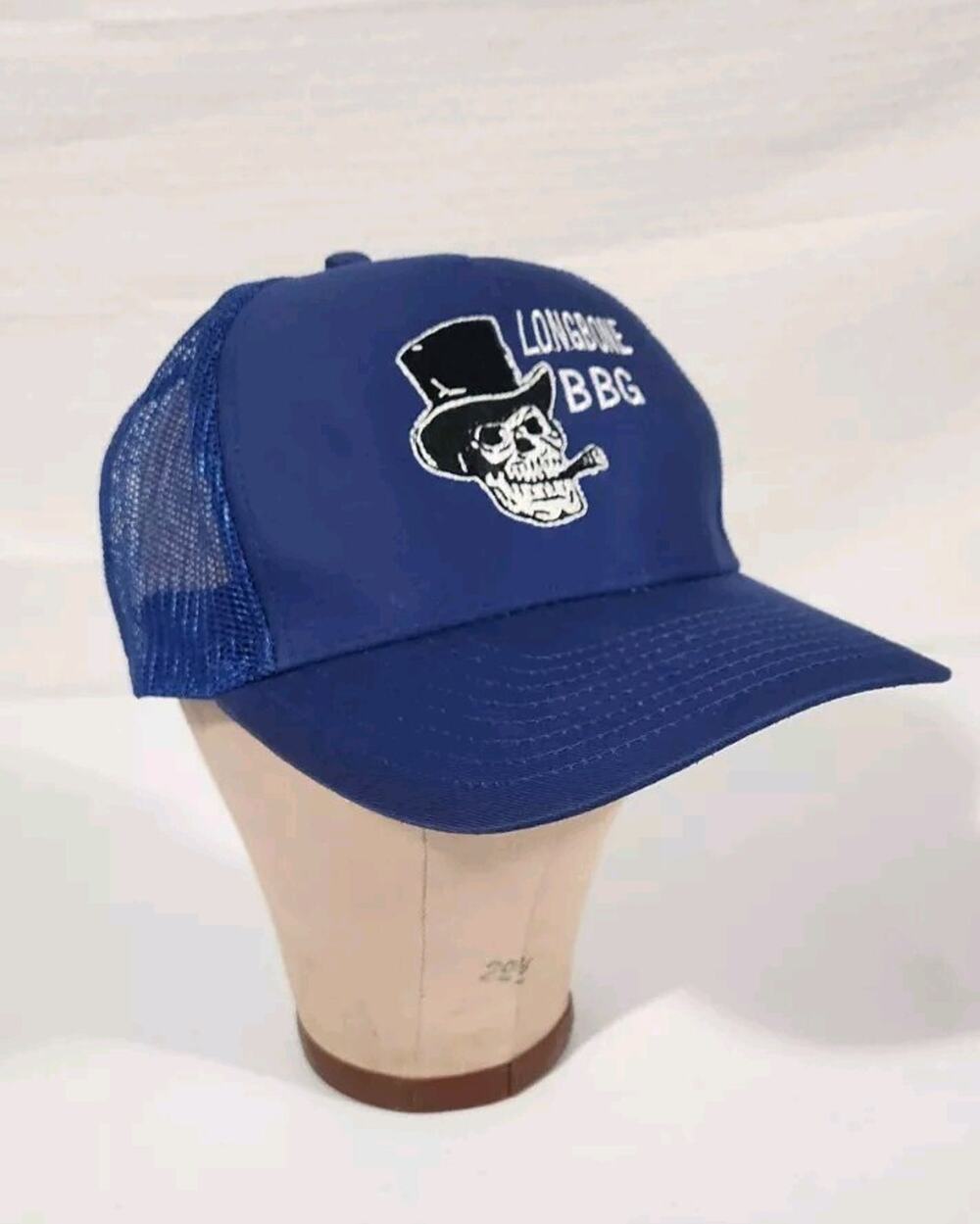 Longbone BBQ BBG Hat Cap Blue Mesh Snapbback Smoking Skull Skeleton Head